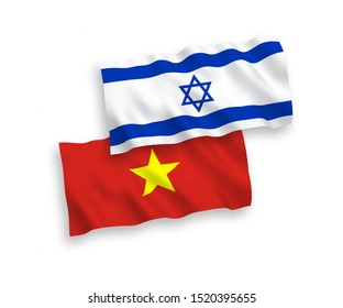 National vector fabric wave flags of Vietnam and Israel isolated on white background. 1 to 2 proportion.
