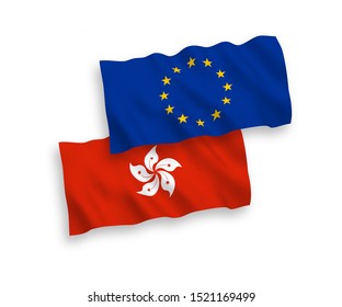 National vector fabric wave flags of European Union and Hong Kong isolated on white background. 1 to 2 proportion.