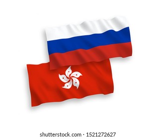 National vector fabric wave flags of Hong Kong and Russia isolated on white background. 1 to 2 proportion.