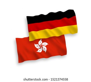National vector fabric wave flags of Germany and Hong Kong isolated on white background. 1 to 2 proportion.