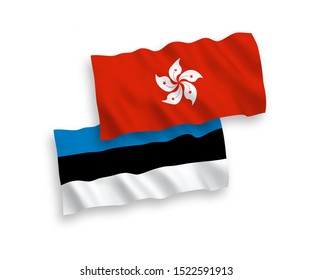 National vector fabric wave flags of Estonia and Hong Kong isolated on white background. 1 to 2 proportion.