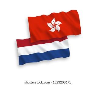 National vector fabric wave flags of Hong Kong and Netherlands isolated on white background. 1 to 2 proportion.