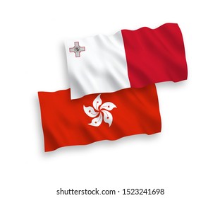 National vector fabric wave flags of Malta and Hong Kong isolated on white background. 1 to 2 proportion.