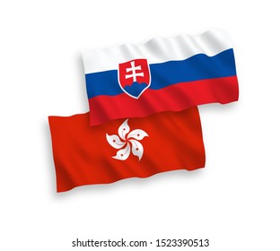 National vector fabric wave flags of Slovakia and Hong Kong isolated on white background. 1 to 2 proportion.