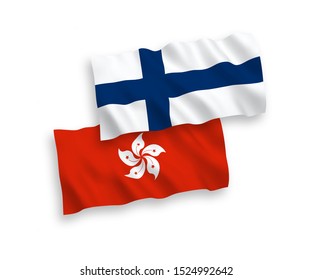 National vector fabric wave flags of Finland and Hong Kong isolated on white background. 1 to 2 proportion.
