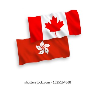 National vector fabric wave flags of Canada and Hong Kong isolated on white background. 1 to 2 proportion.
