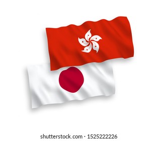National vector fabric wave flags of Japan and Hong Kong isolated on white background. 1 to 2 proportion.