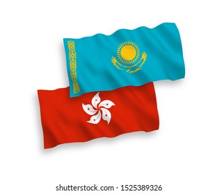National vector fabric wave flags of Kazakhstan and Hong Kong isolated on white background. 1 to 2 proportion.