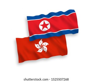 National vector fabric wave flags of North Korea and Hong Kong isolated on white background. 1 to 2 proportion.