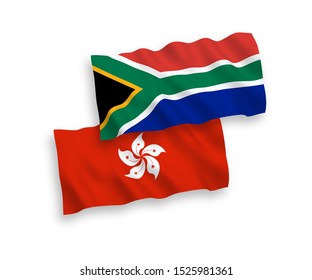 National vector fabric wave flags of Hong Kong and Republic of South Africa isolated on white background. 1 to 2 proportion.