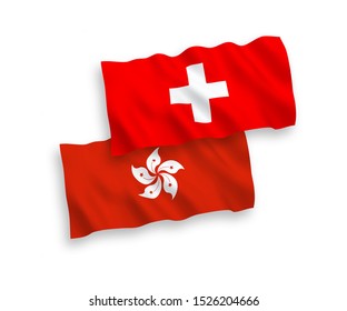 National vector fabric wave flags of Hong Kong and Switzerland isolated on white background. 1 to 2 proportion.