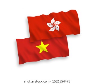 National vector fabric wave flags of Hong Kong and Vietnam isolated on white background. 1 to 2 proportion.