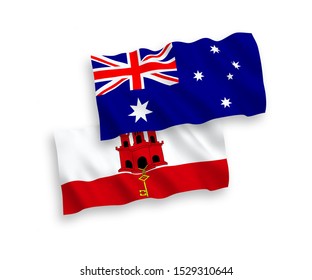 National vector fabric wave flags of Australia and Gibraltar isolated on white background. 1 to 2 proportion.