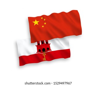 National vector fabric wave flags of Gibraltar and China isolated on white background 1 to 2 proportion.