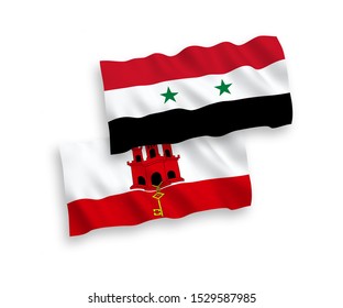 National vector fabric wave flags of Gibraltar and Syria isolated on white background. 1 to 2 proportion.