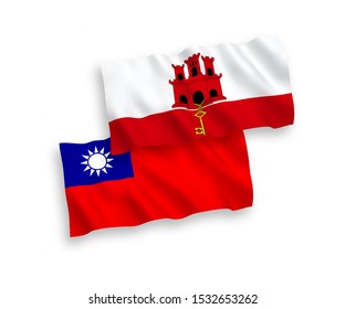 National vector fabric wave flags of Gibraltar and Taiwan isolated on white background. 1 to 2 proportion.