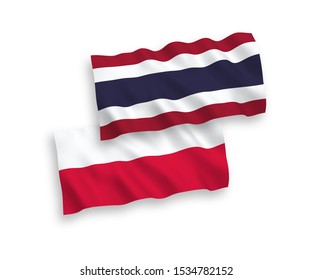 National vector fabric wave flags of Thailand and Poland isolated on white background. 1 to 2 proportion.