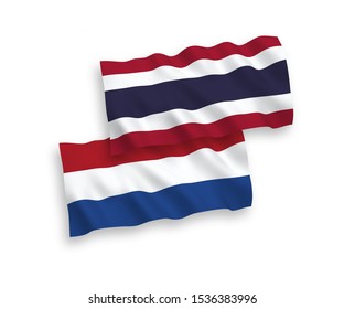 National vector fabric wave flags of Thailand and Netherlands isolated on white background. 1 to 2 proportion.