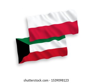 National vector fabric wave flags of Kuwait and Poland isolated on white background. 1 to 2 proportion.
