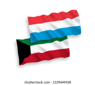National vector fabric wave flags of Kuwait and Luxembourg isolated on white background. 1 to 2 proportion.