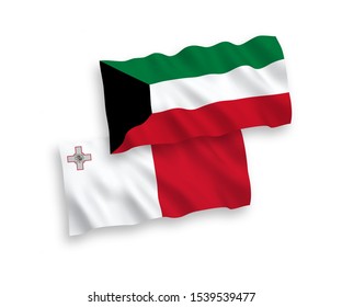 National vector fabric wave flags of Malta and Kuwait isolated on white background. 1 to 2 proportion.