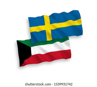 National vector fabric wave flags of Sweden and Kuwait isolated on white background. 1 to 2 proportion.