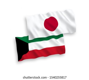 National vector fabric wave flags of Japan and Kuwait isolated on white background. 1 to 2 proportion.