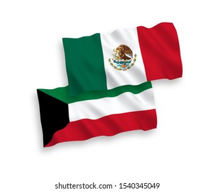 National vector fabric wave flags of Mexico and Kuwait isolated on white background. 1 to 2 proportion.