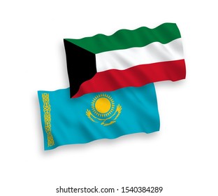 National vector fabric wave flags of Kazakhstan and Kuwait isolated on white background. 1 to 2 proportion.