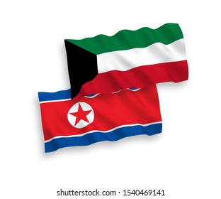 National vector fabric wave flags of North Korea and Kuwait isolated on white background. 1 to 2 proportion.