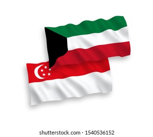 National vector fabric wave flags of Kuwait and Singapore isolated on white background. 1 to 2 proportion.