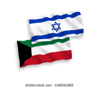 National vector fabric wave flags of Kuwait and Israel isolated on white background. 1 to 2 proportion.
