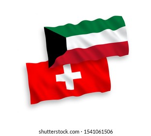 National vector fabric wave flags of Kuwait and Switzerland isolated on white background. 1 to 2 proportion.