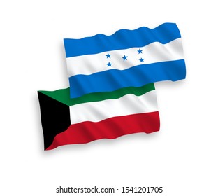 National vector fabric wave flags of Kuwait and Honduras isolated on white background. 1 to 2 proportion.