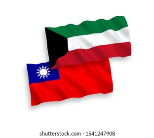 National vector fabric wave flags of Kuwait and Taiwan isolated on white background. 1 to 2 proportion.