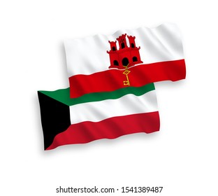 National vector fabric wave flags of Kuwait and Gibraltar isolated on white background. 1 to 2 proportion.
