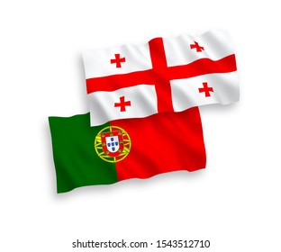 National vector fabric wave flags of Portugal and Georgia isolated on white background. 1 to 2 proportion.