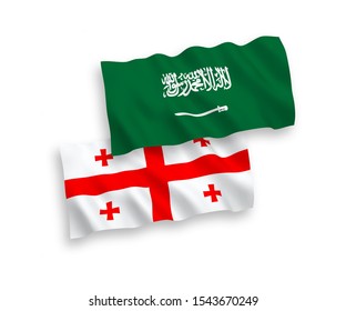National vector fabric wave flags of Saudi Arabia and Georgia isolated on white background. 1 to 2 proportion.