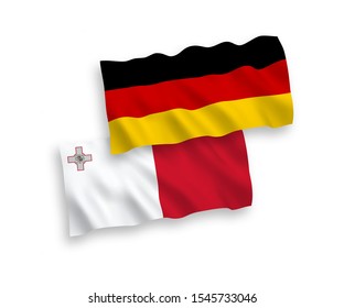 National vector fabric wave flags of Germany and Malta isolated on white background. 1 to 2 proportion.