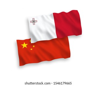 National vector fabric wave flags of Malta and China isolated on white background 1 to 2 proportion.