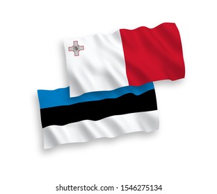 National vector fabric wave flags of Estonia and Malta isolated on white background. 1 to 2 proportion.