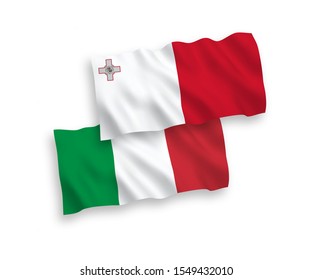 National vector fabric wave flags of Italy and Malta isolated on white background. 1 to 2 proportion.