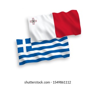 National vector fabric wave flags of Greece and Malta isolated on white background. 1 to 2 proportion.