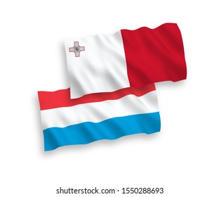 National vector fabric wave flags of Malta and Luxembourg isolated on white background. 1 to 2 proportion.