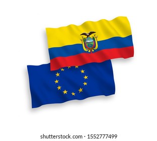 National vector fabric wave flags of European Union and Ecuador isolated on white background. 1 to 2 proportion.