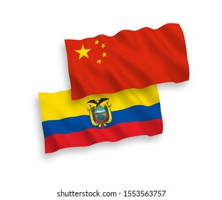 National vector fabric wave flags of Ecuador and China isolated on white background 1 to 2 proportion.