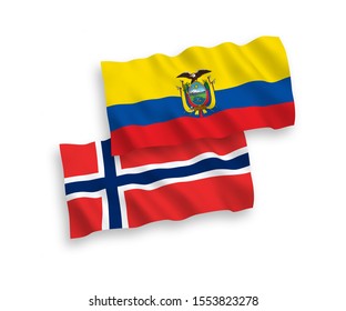 National vector fabric wave flags of Norway and Ecuador isolated on white background. 1 to 2 proportion.