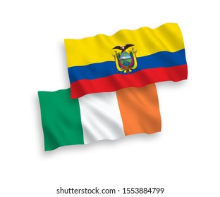 National vector fabric wave flags of Ireland and Ecuador isolated on white background. 1 to 2 proportion.