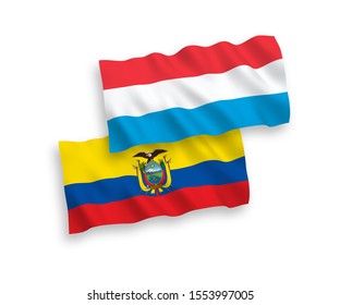 National vector fabric wave flags of Ecuador and Luxembourg isolated on white background. 1 to 2 proportion.