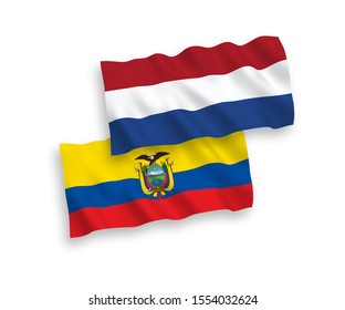 National vector fabric wave flags of Ecuador and Netherlands isolated on white background. 1 to 2 proportion.